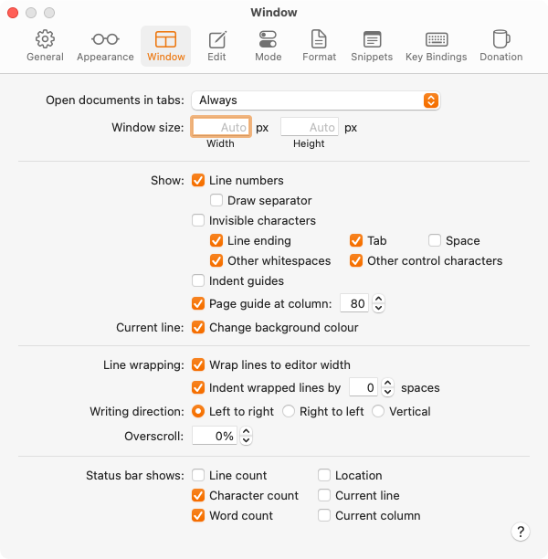 CotEditor settings showing the Window section with options like invisible characters, line wrapping, and status bar info. 