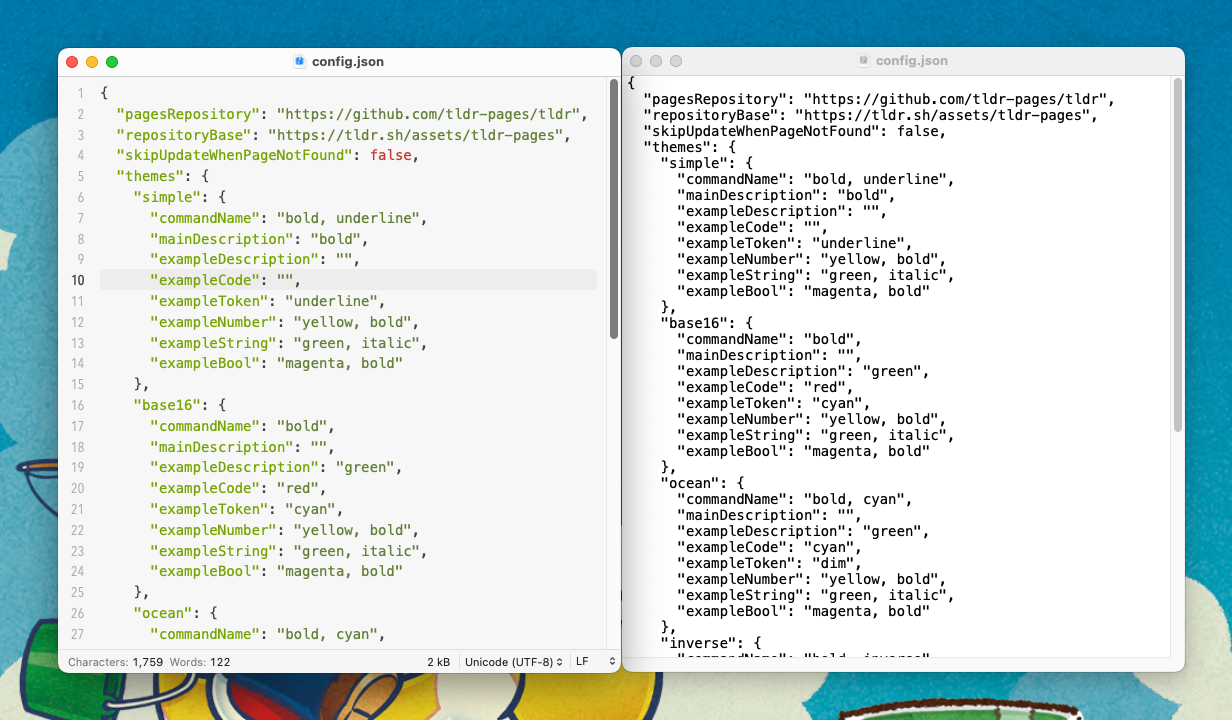 Two windows from CotEditor and TextEdit side-by-side, CotEditor shows colored syntax highlighting and line numbers.