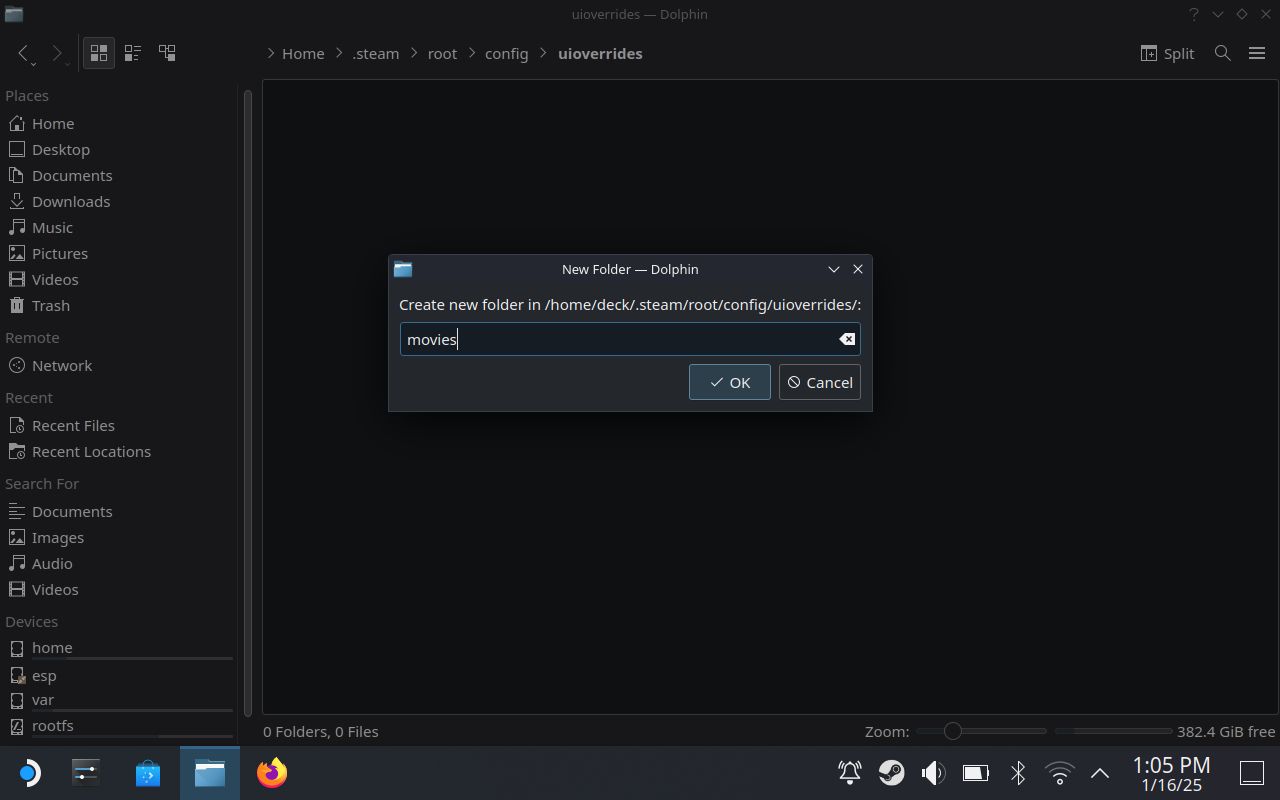 Creating a new folder on the Steam Deck desktop mode File Manager