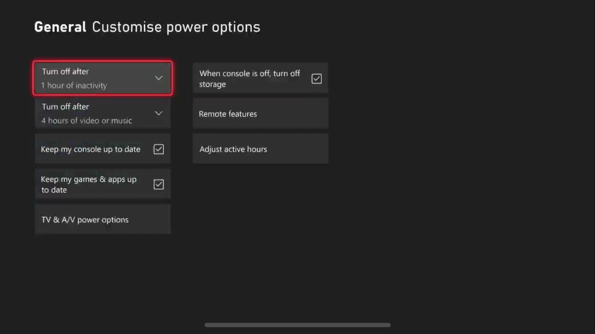 Customize power options in Xbox settings.