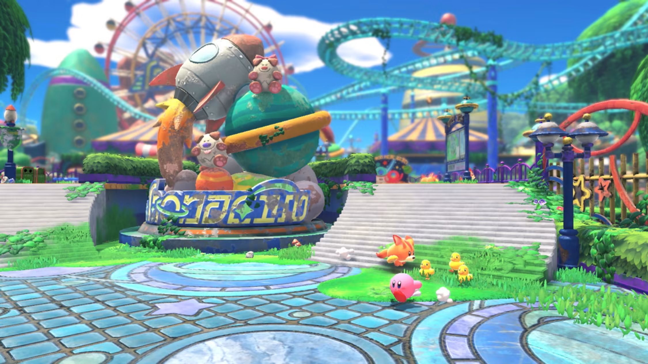 Kirby in an abandoned theme park.