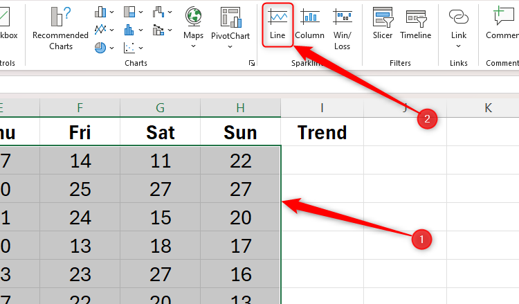 Data selected in an Excel sheet, with the Line sparklines option in the Insert tab selected.