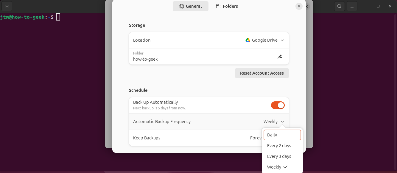 Deja Dup menu showing options for automatic backups on Ubuntu