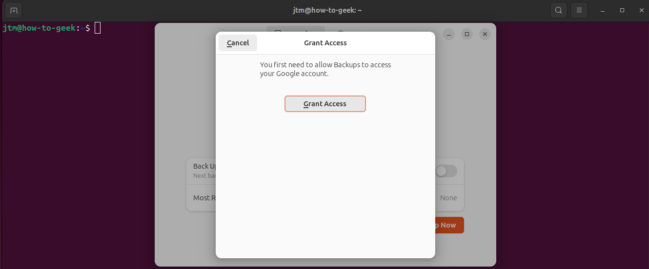 Deja Dup dialog asking to grant access to the users cloud account