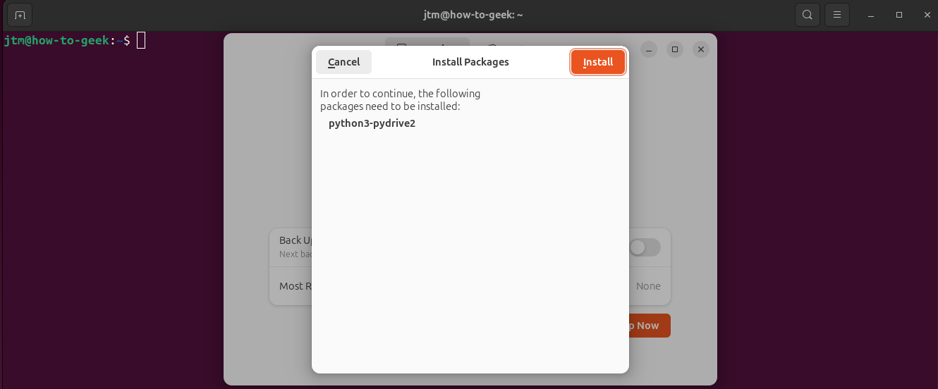 Deja Dup dialog on Ubuntu showing that an additional package needs to be installed