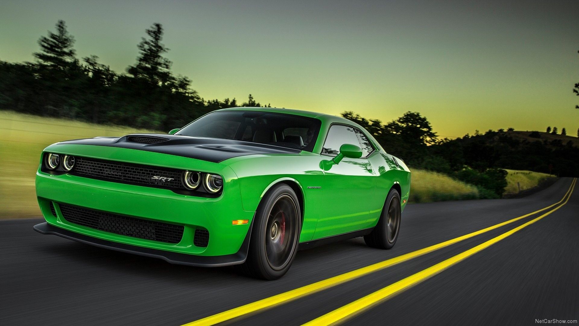 Front 3/4 action shot of a 2015 Dodge Challenger SRT Hellcat