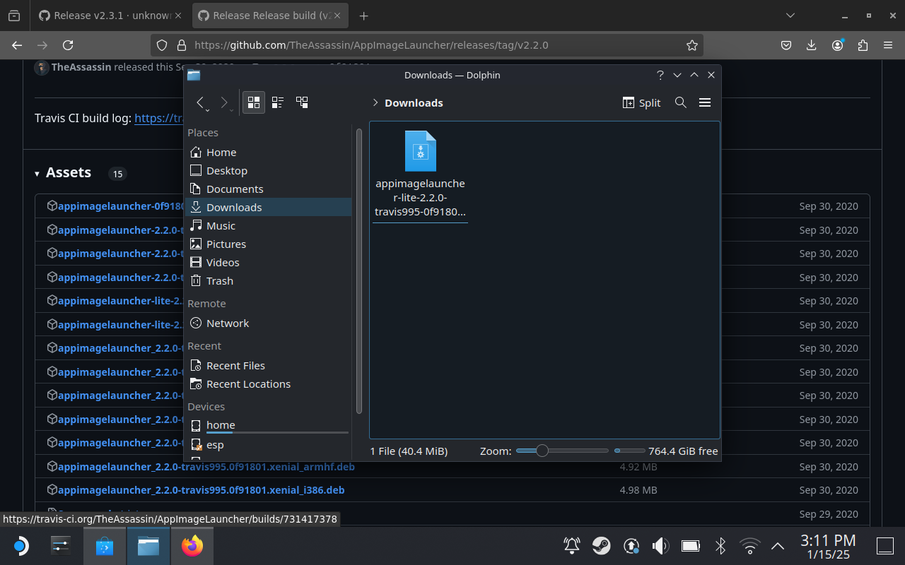Downloading AppImageLauncher to SteamOS.