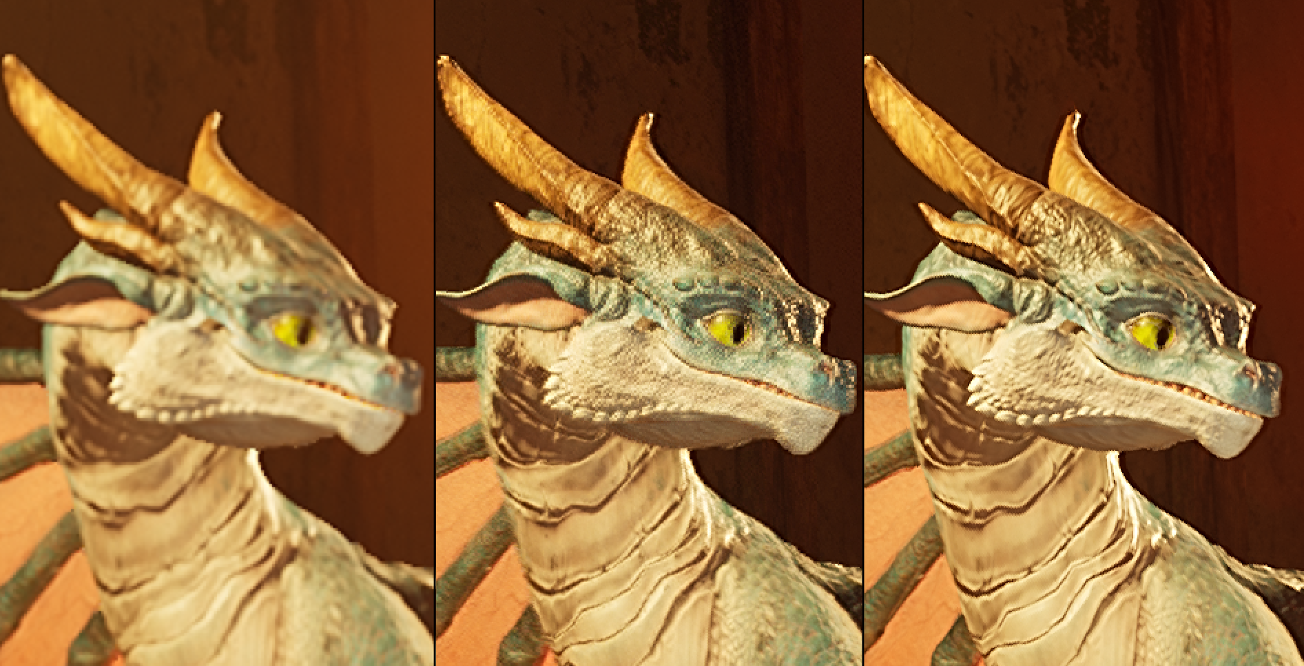 Three images of a dragon comparing the quality between traditional bilinear interpolation, Snapdragon Game Super Resolution 2, and native resolution.