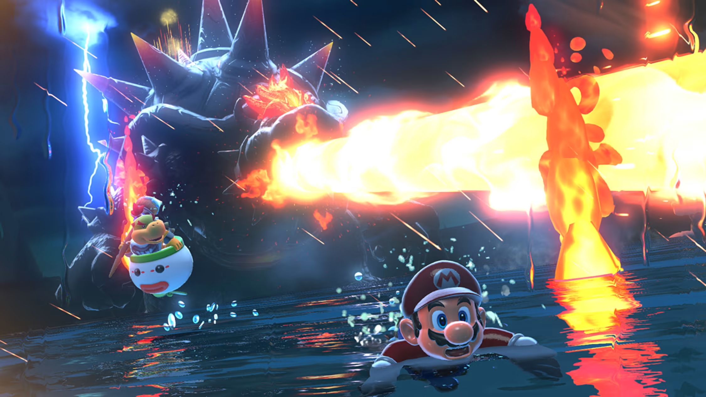 Bowser spitting fire at Mario and Bowser Jr. in Bowser's Fury.