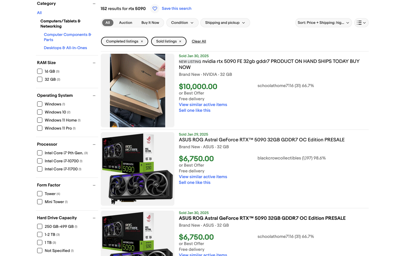 eBay sold listings for RTX 5090, ranging from $6,750 to $10,000.