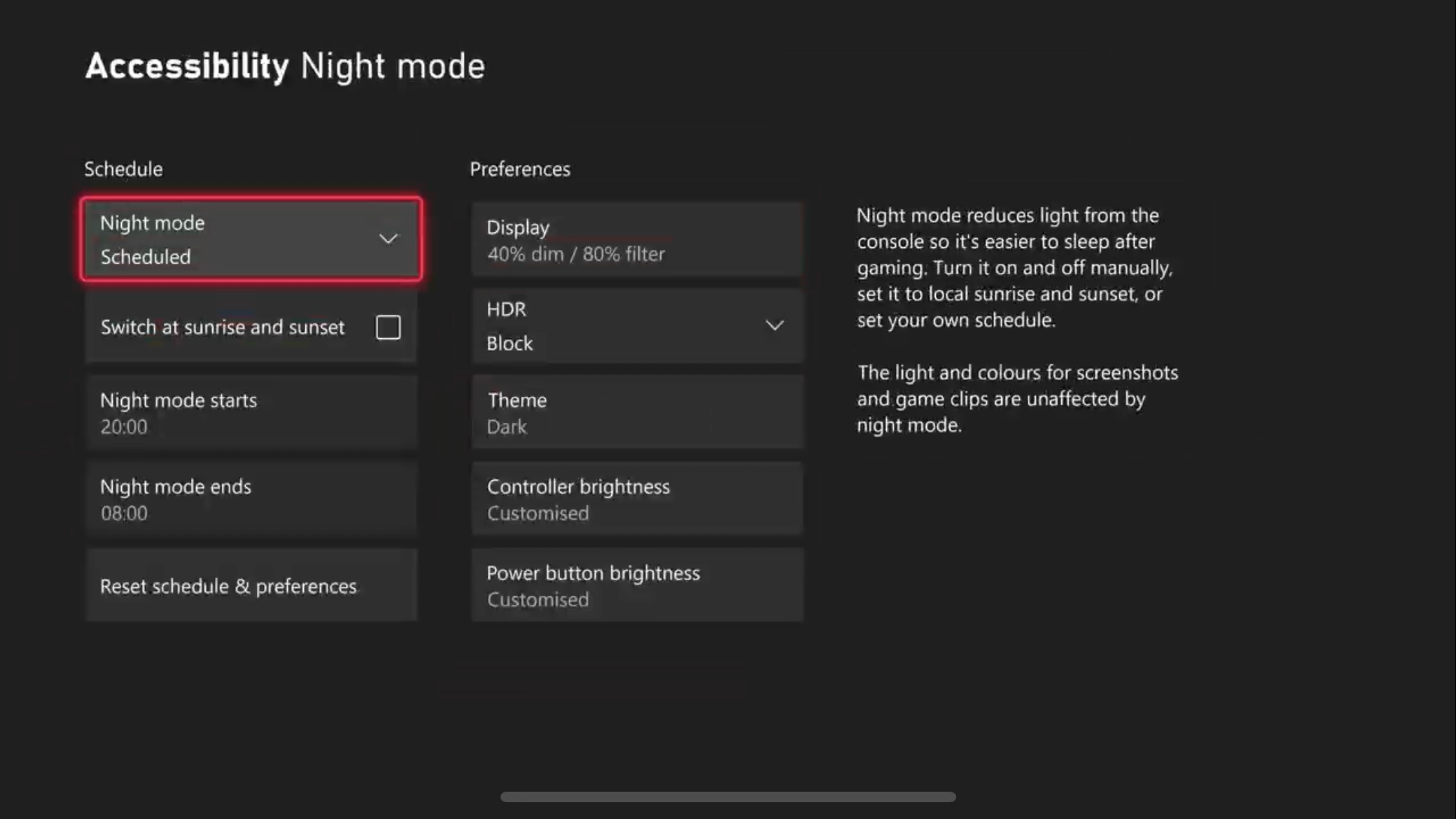 Enable Night Mode in Xbox power settings.