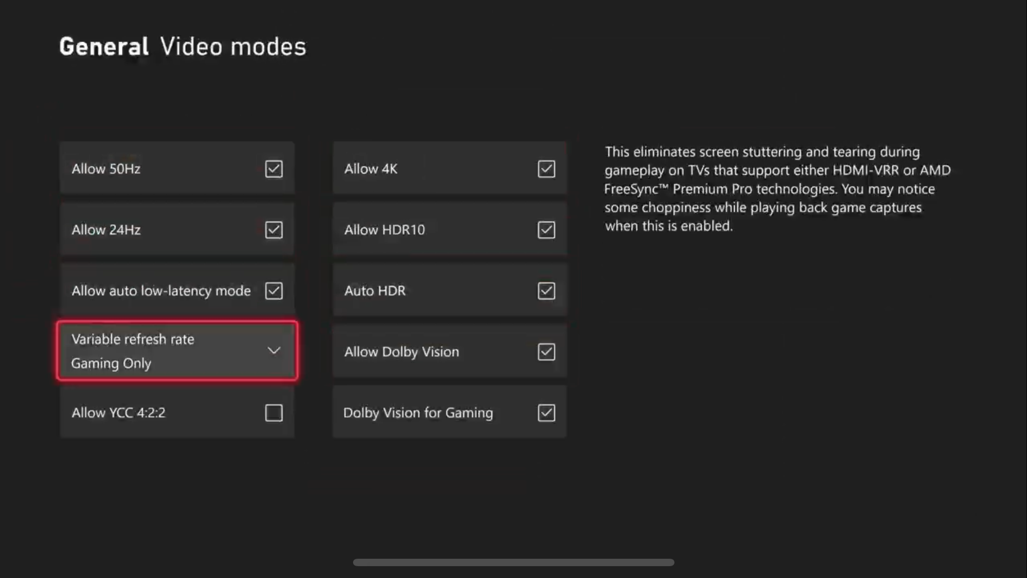 Enable variable refresh rate for games in Xbox settings.