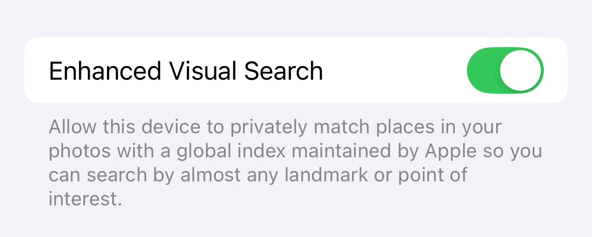 Enhanced Visual Search toggle in the iPhone Photos settings.