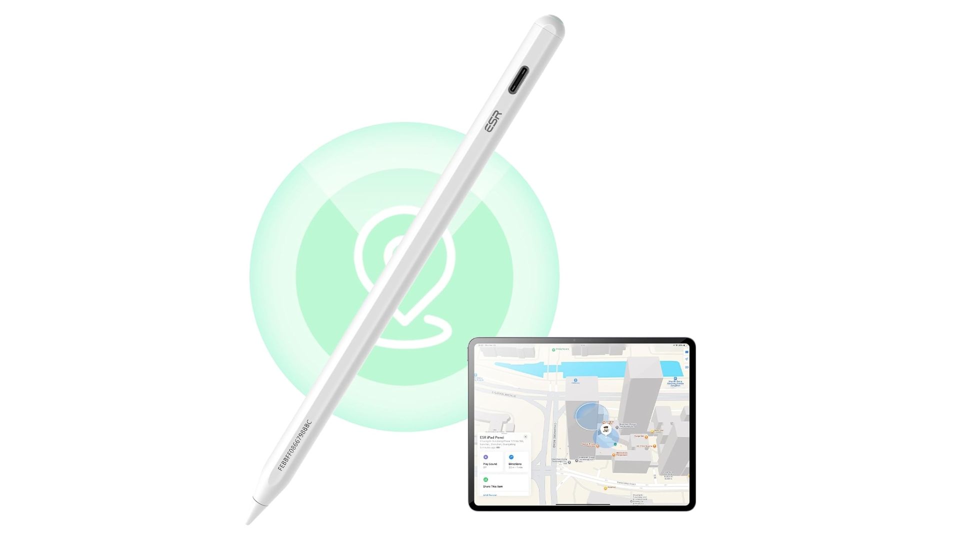 ESR's stylus next to an iPad displaying its location in the Find My app.