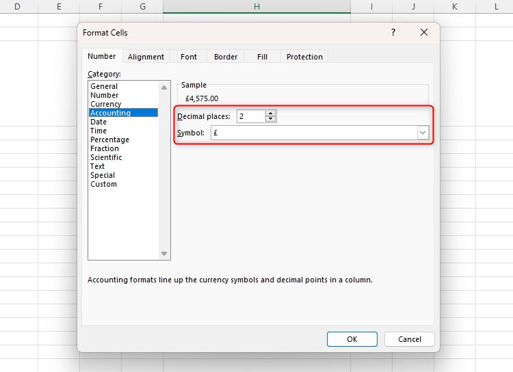 Excel's Accounting number format in the Format Cells dialog box, with the Decimal Places and Symbol options highlighted.