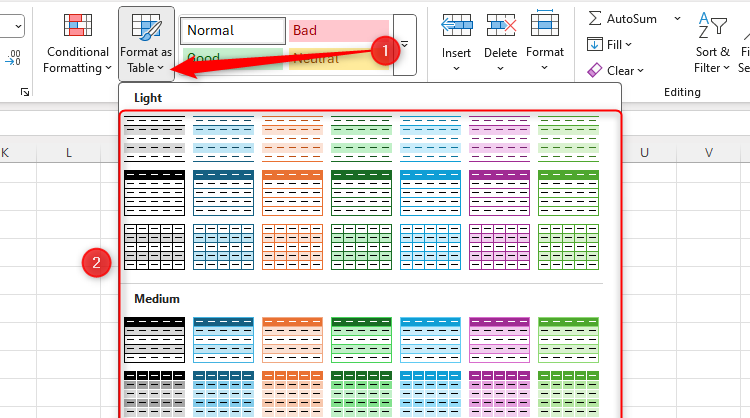 Excel's Format As Table drop-down menu, with the formatting options on display.