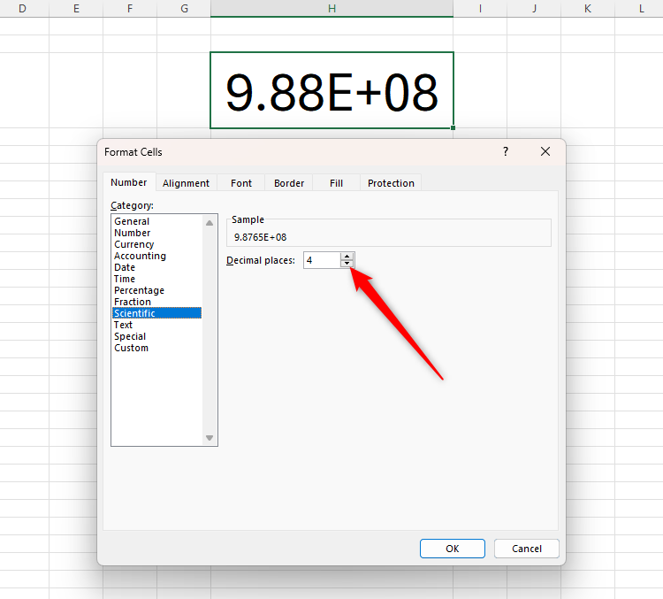 Excel's Format Cells dialog box with the Scientific number format selected, and the number of decimal places increased to 4.