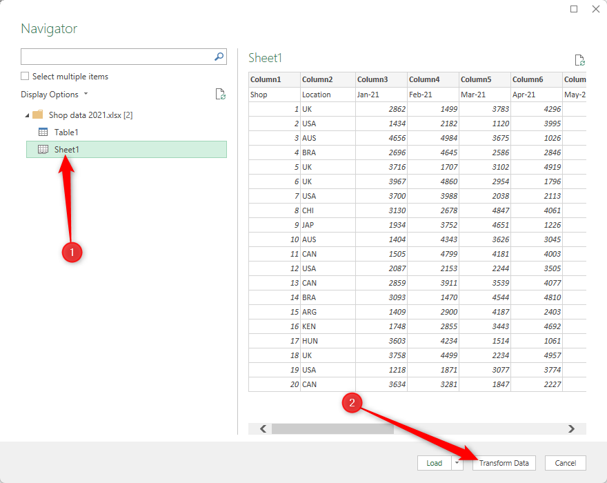 Excel's Navigator window that shows the data it will import from another worksheet, and the Transform Data button is selected.