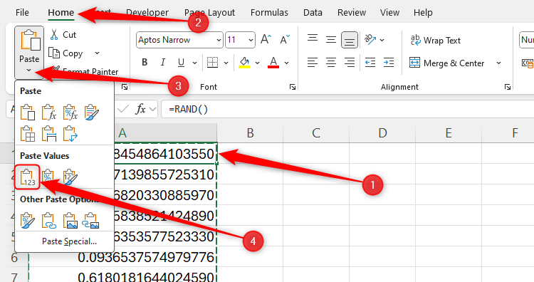 Excel's Paste Values button, accessed through the Paste drop-down in the Home tab on the ribbon.