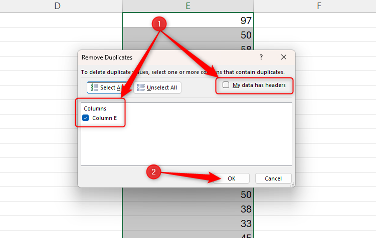 Excel's Remove Duplicates dialog box, with the Columns and Headers options highlighted, and the OK button selected.