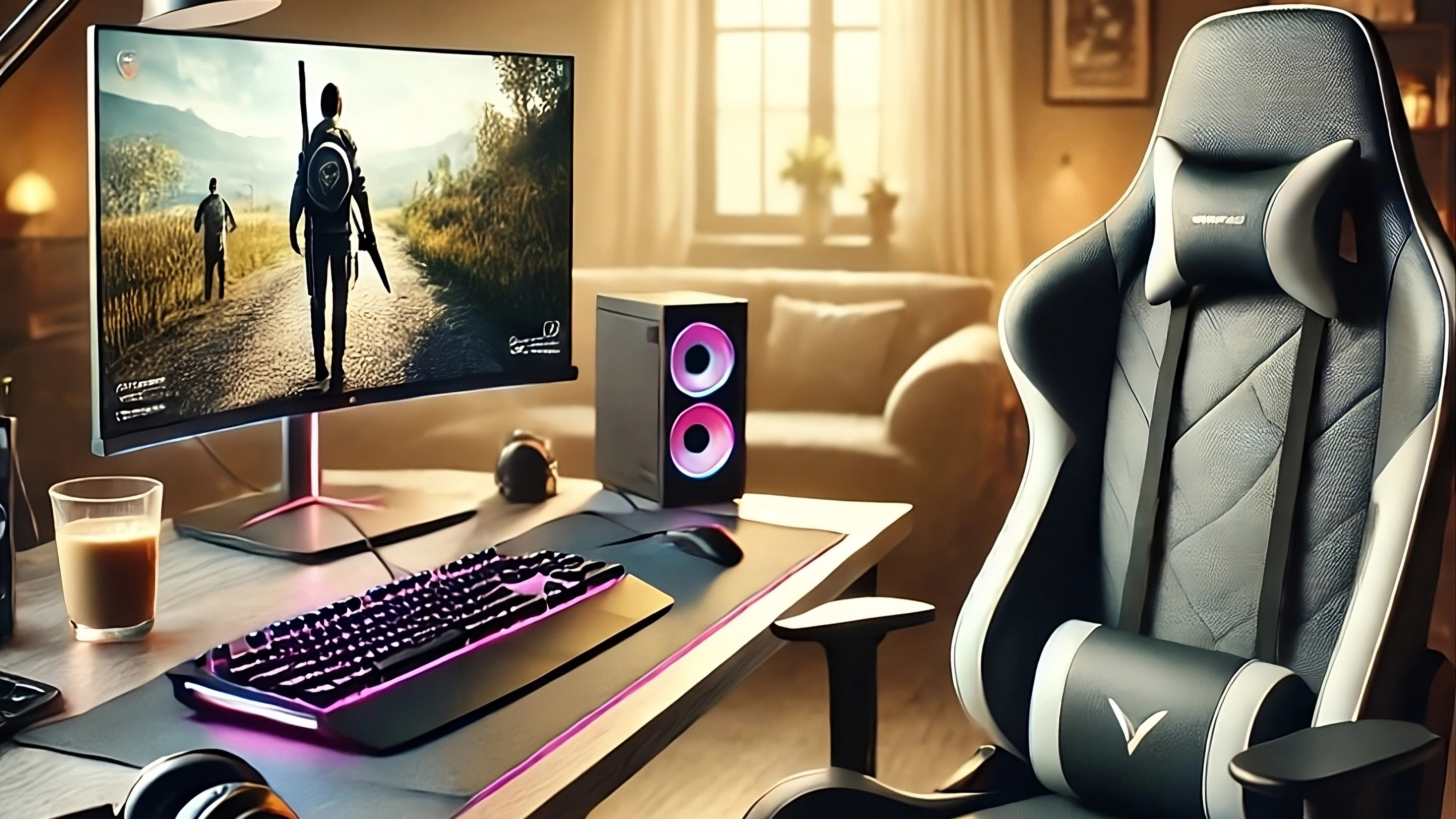 A gaming PC and chair with a cup of coffee on the desk and the morning sun in the background.