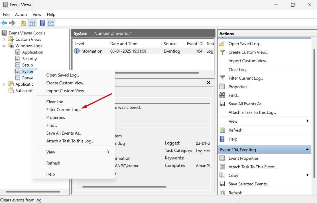 Filter Current Log option in Event Viewer.