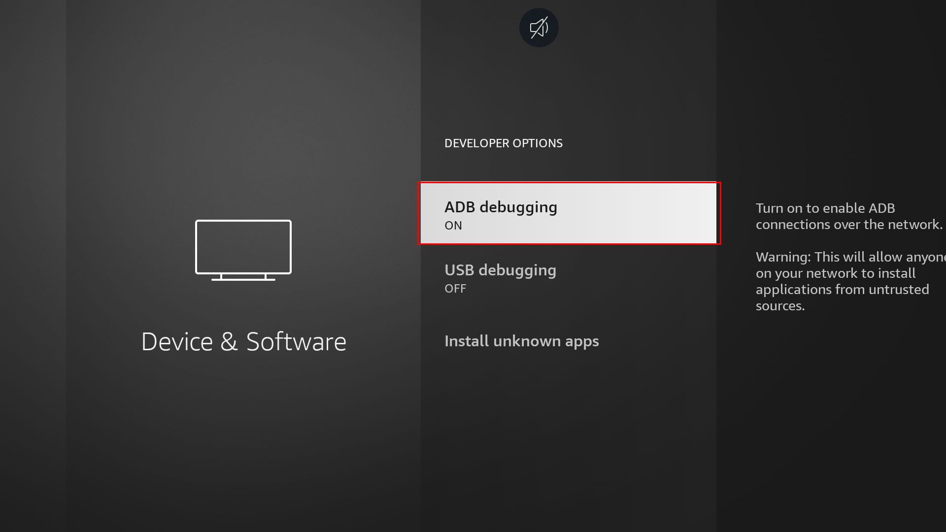 ADB debugging being abled on an Amazon Fire TV.