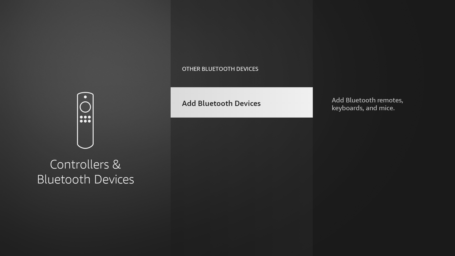 The Bluetooth settings page for Amazon Fire TV with the Add Bluetooth Device option selected.