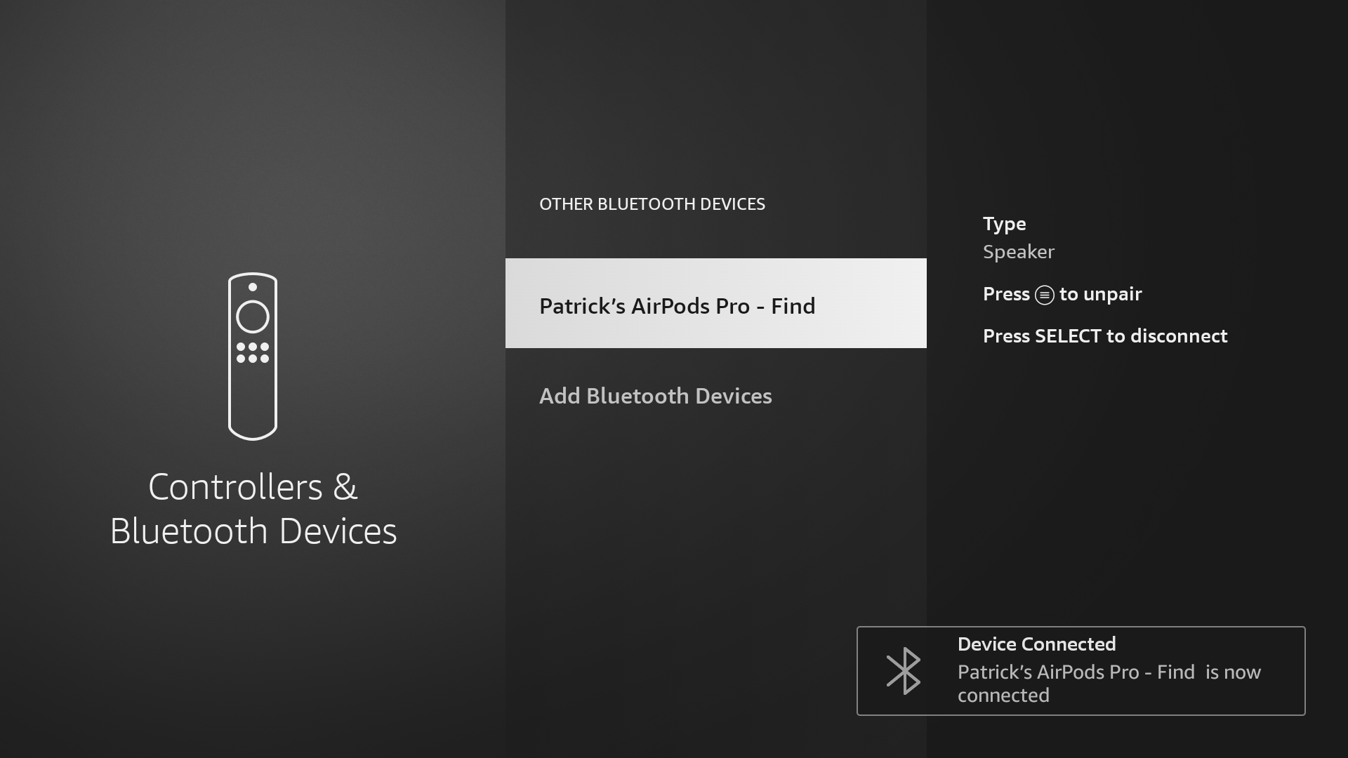 The settings screen of Amazon's Fire TV showing a pair of AirPods successfully paired.