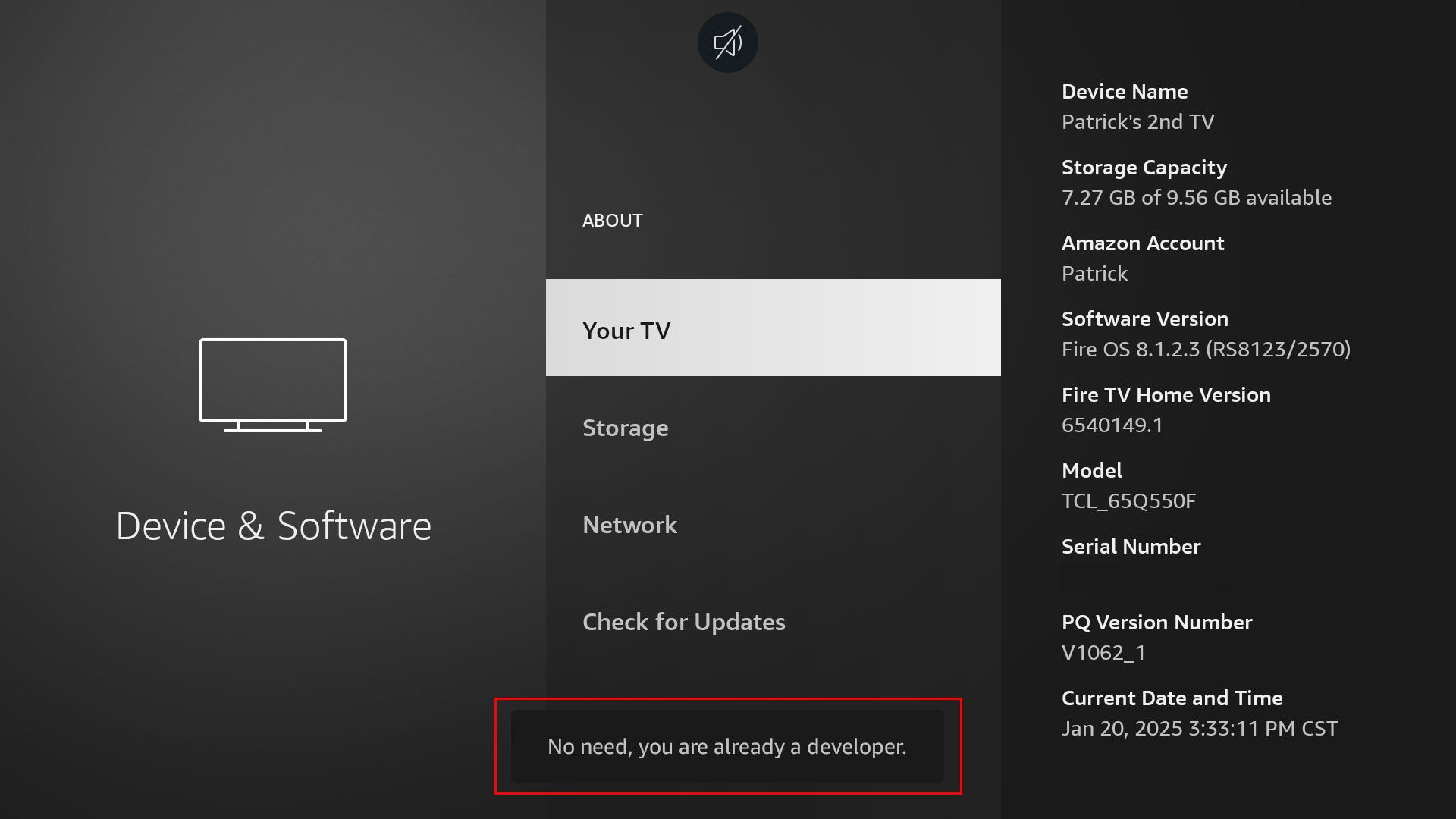 A popup telling you that you are already a developer after clicking Your TV seven times on Amazon Fire TV.