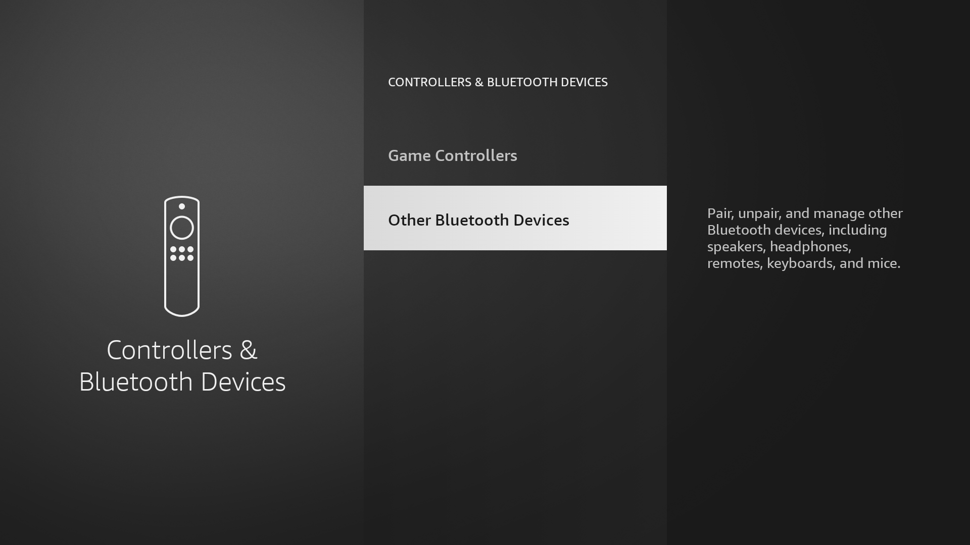 Amazon Fire TV's Bluetooth settings screen with the Other Bluetooth Devices option selected.