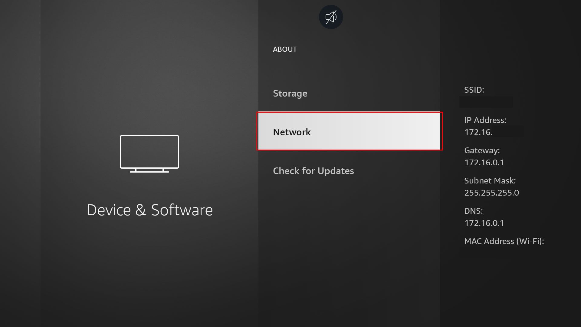 The network settings page of an Amazon Fire TV to show the IP address.