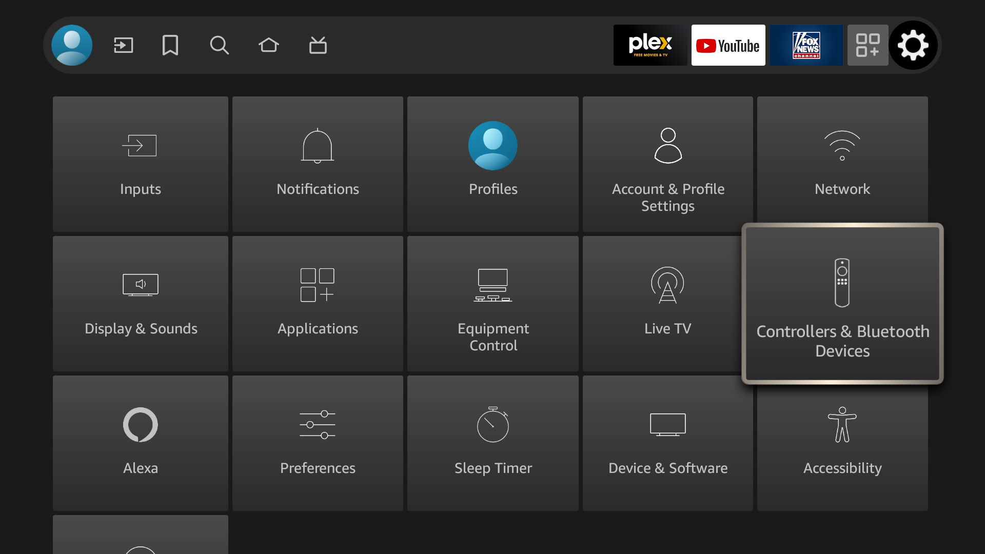 Amazon Fire TV's settings screen with the Controllers & Bluetooth Devices option selected.