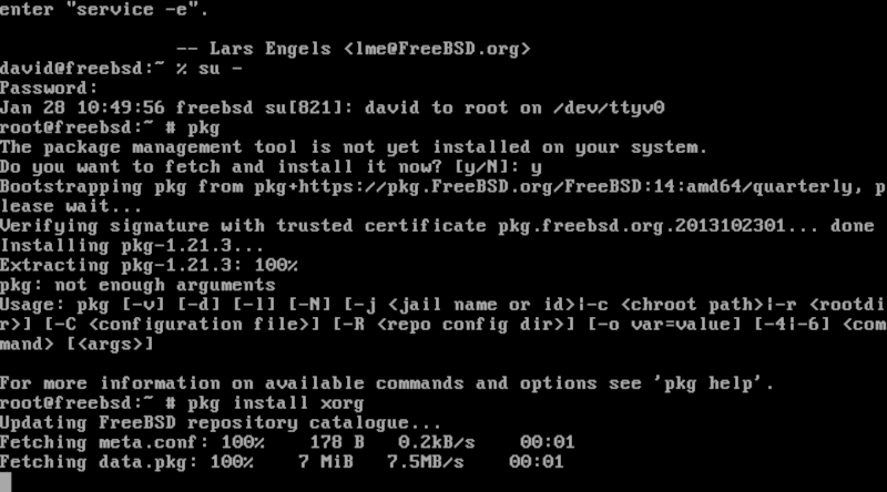 Installing the xorg package with pkg in the FreeBSD console.