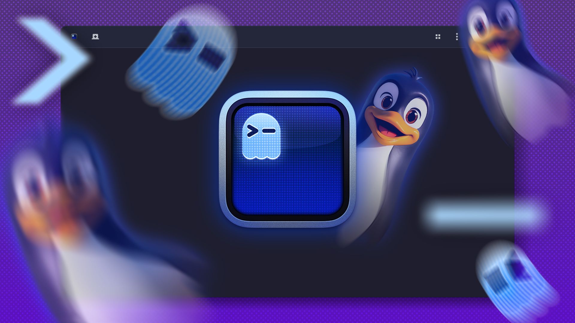 Ghostty terminal logo and the Linux mascot as a ghost around it.