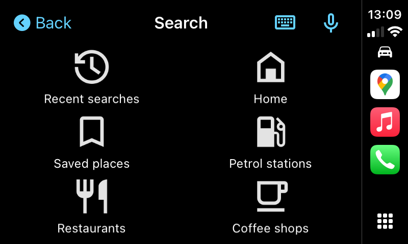 Google Maps CarPlay search options