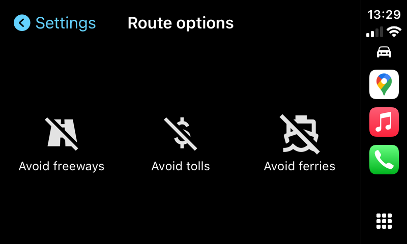 Google Maps route options preferences.