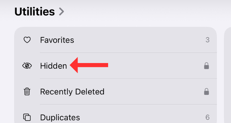 Screenshot of the Hidden album under the Utilities section in the new Photos app on iOS 18.