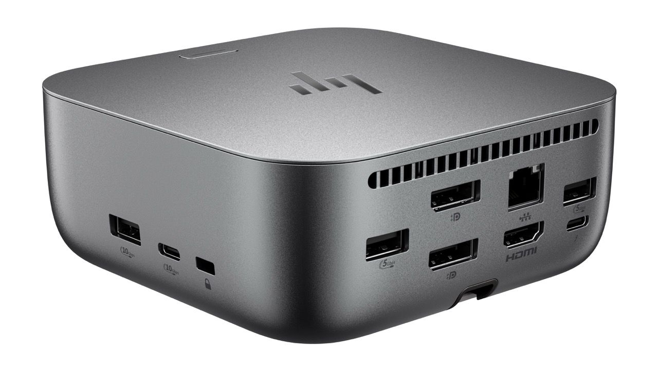 Back of an HP Thunderbolt dock with many ports.