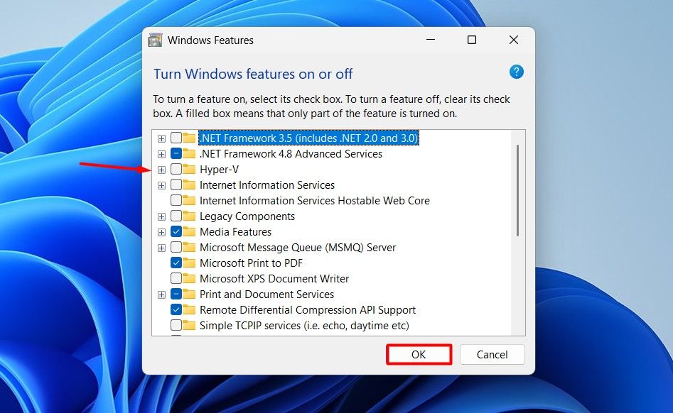 Hyper-V option in Turn Windows features on or off window.