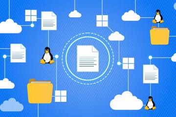 Illustration of files and folders connected to the cloud, Linux, and Windows.