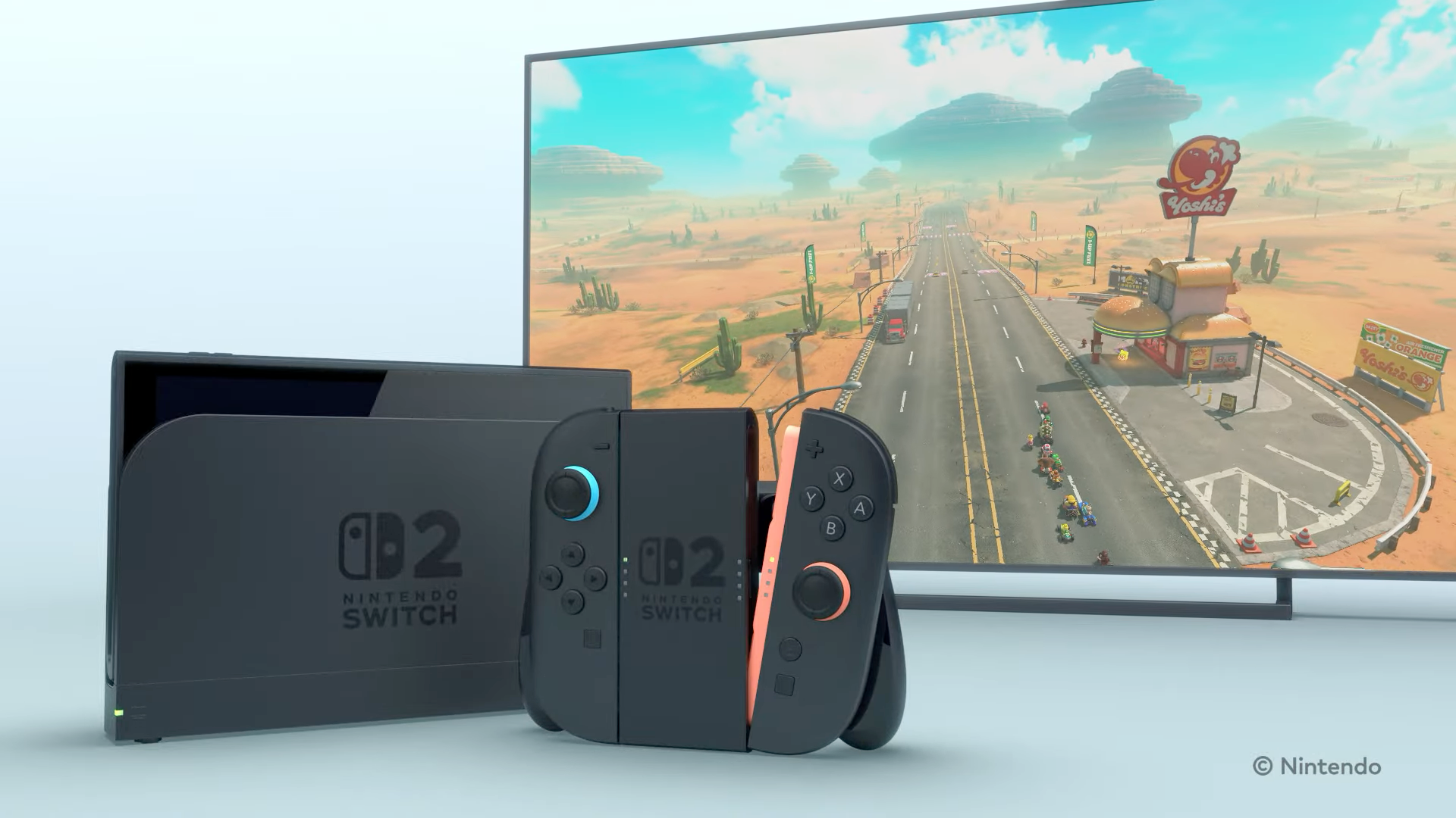 Switch 2 in dock, Switch 2 Joy-Cons in grip, and Mario Kart 9 on a TV.