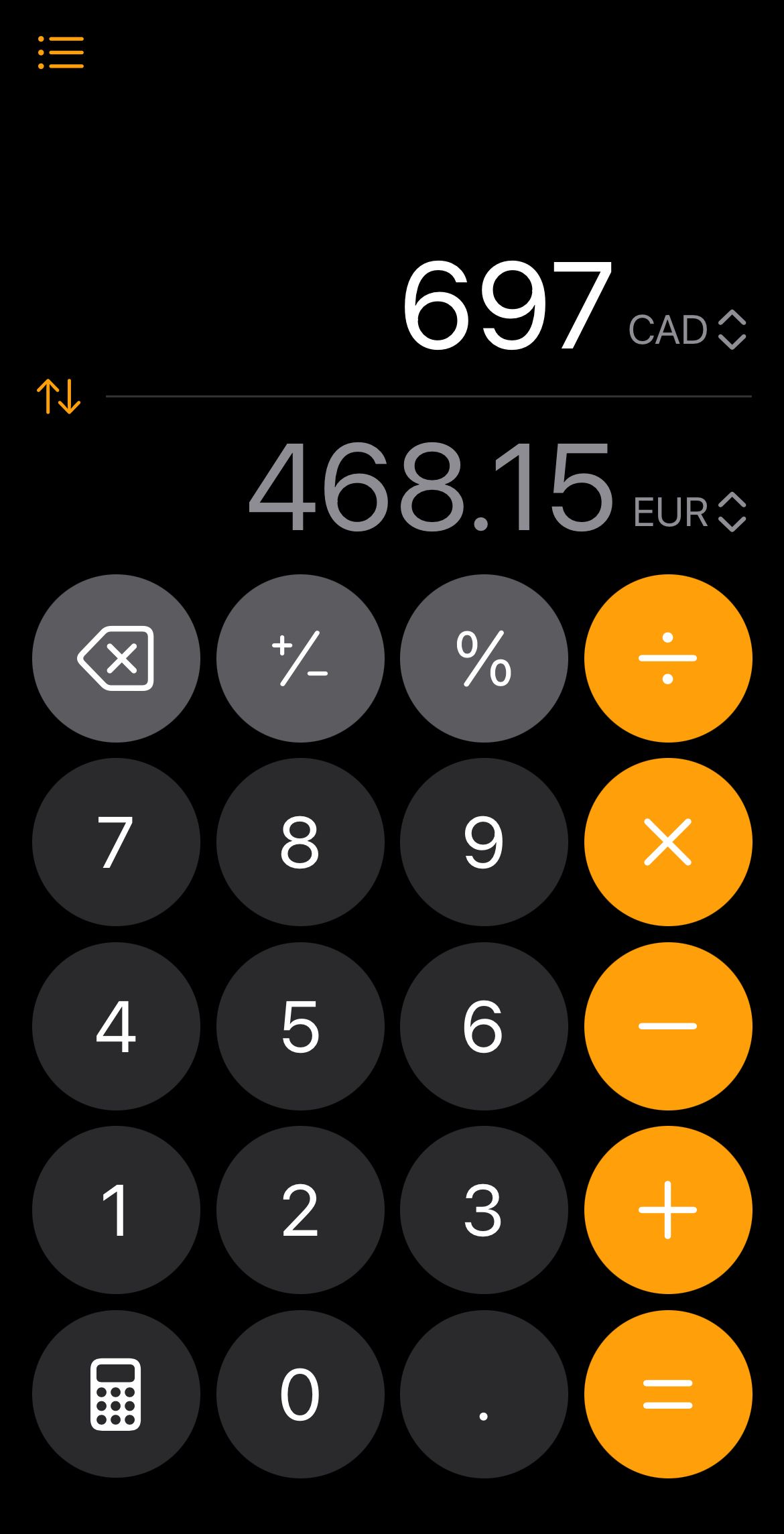 Currency conversion on the Calculator app.