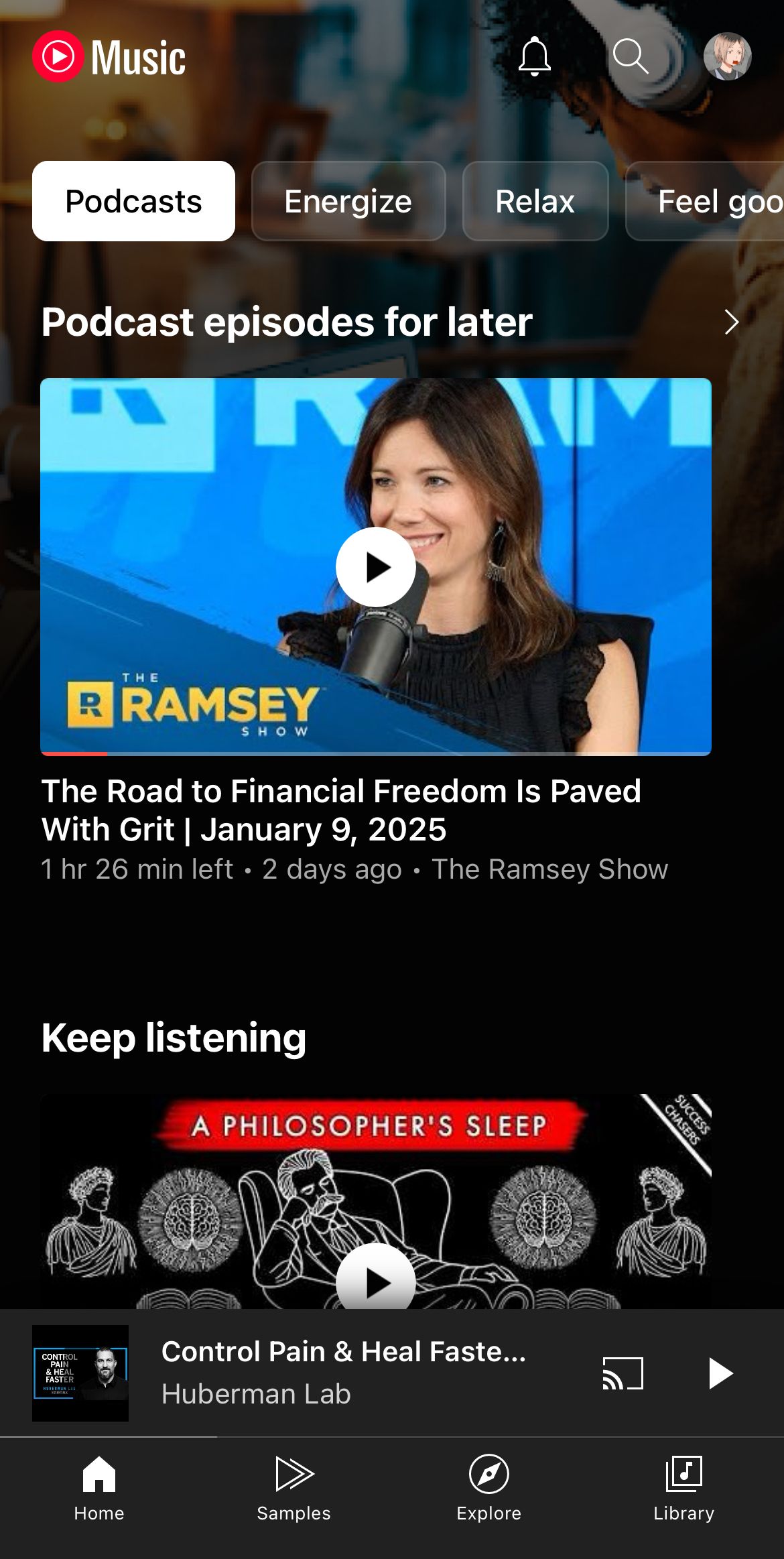 Podcasts on the YouTube Music app. 