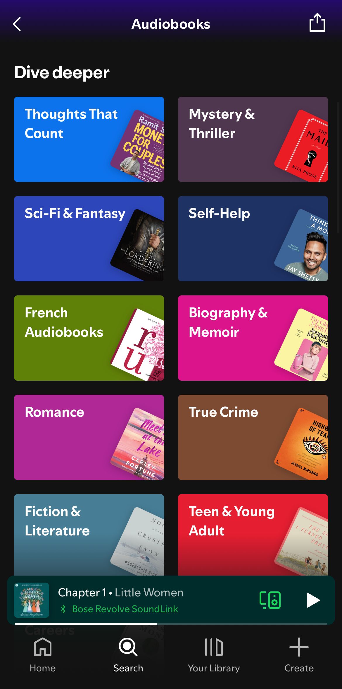 Finding audiobooks by genre on Spotify.