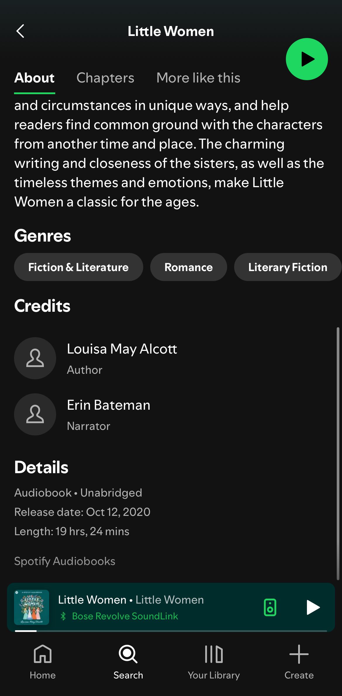 Finding an audiobook's author on Spotify.