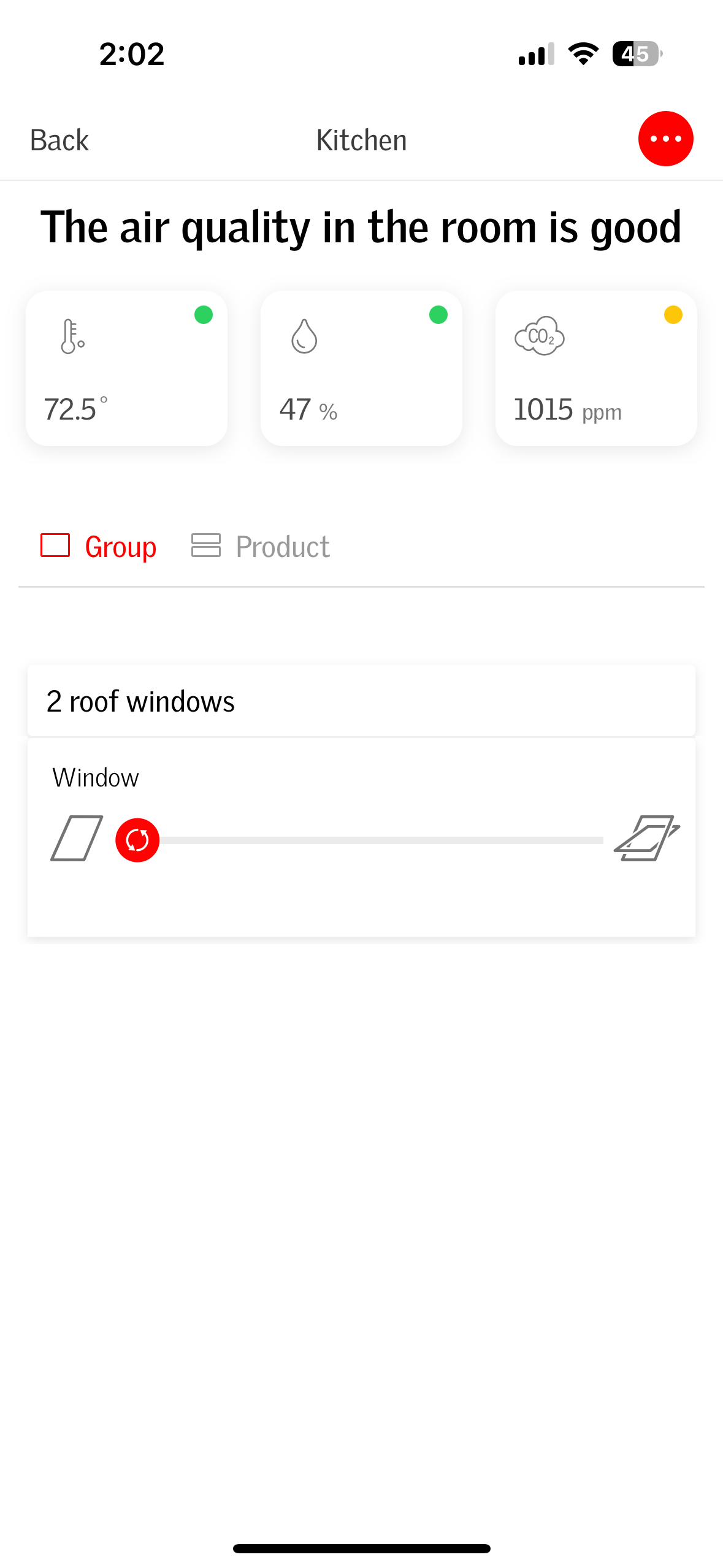 Screenshot of Velux Active App showing environmental conditions and skylight controls.