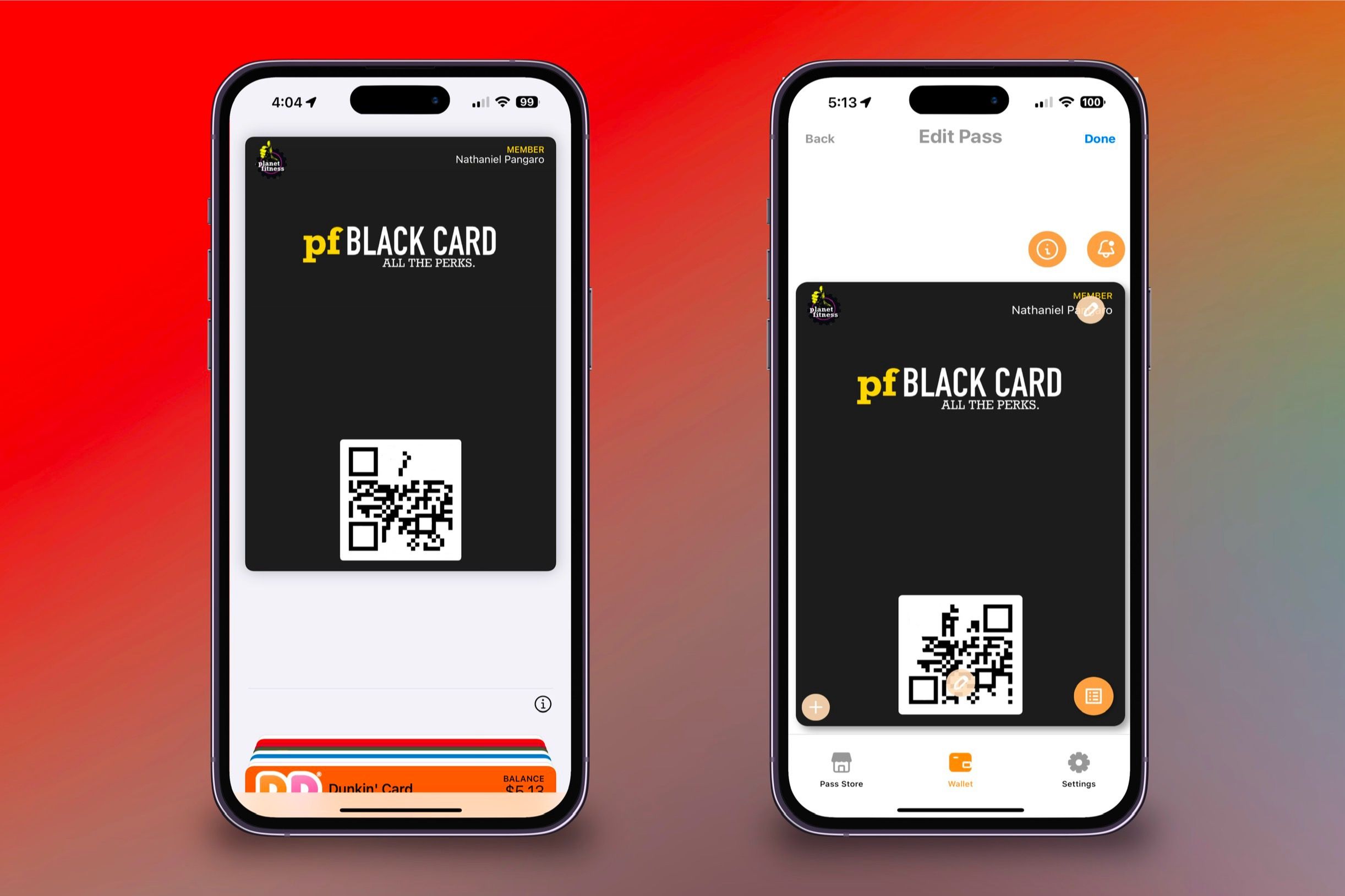 Showcasing a created pass from the Pass2U app into the Wallet app and being able to edit the existing card in the native app on two iPhones in front of a colorful background.