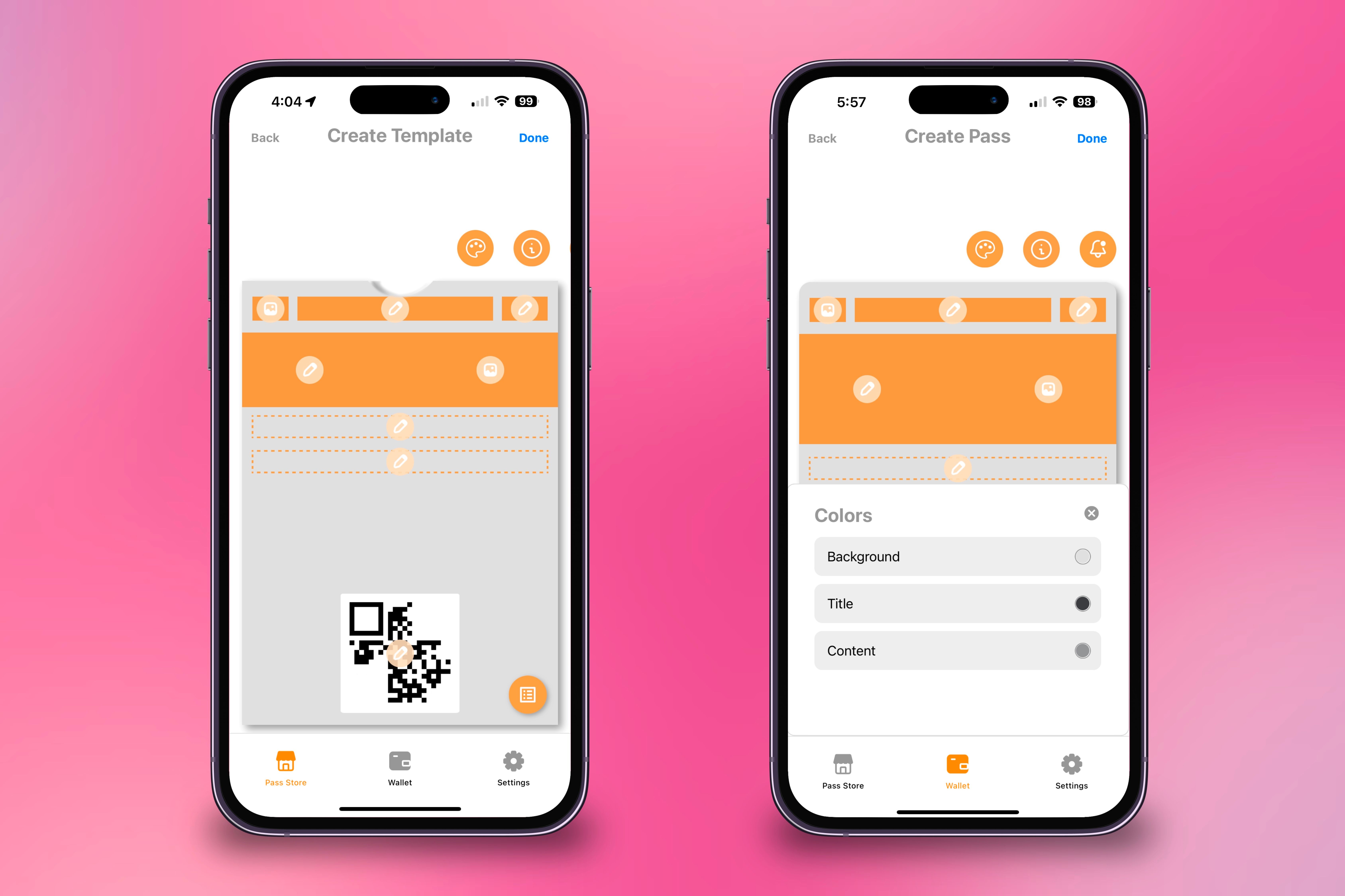 Creating a personalized card in the Pass2U app while also customizing the color scheme of the pass on two iPhones in front of a colorful background.