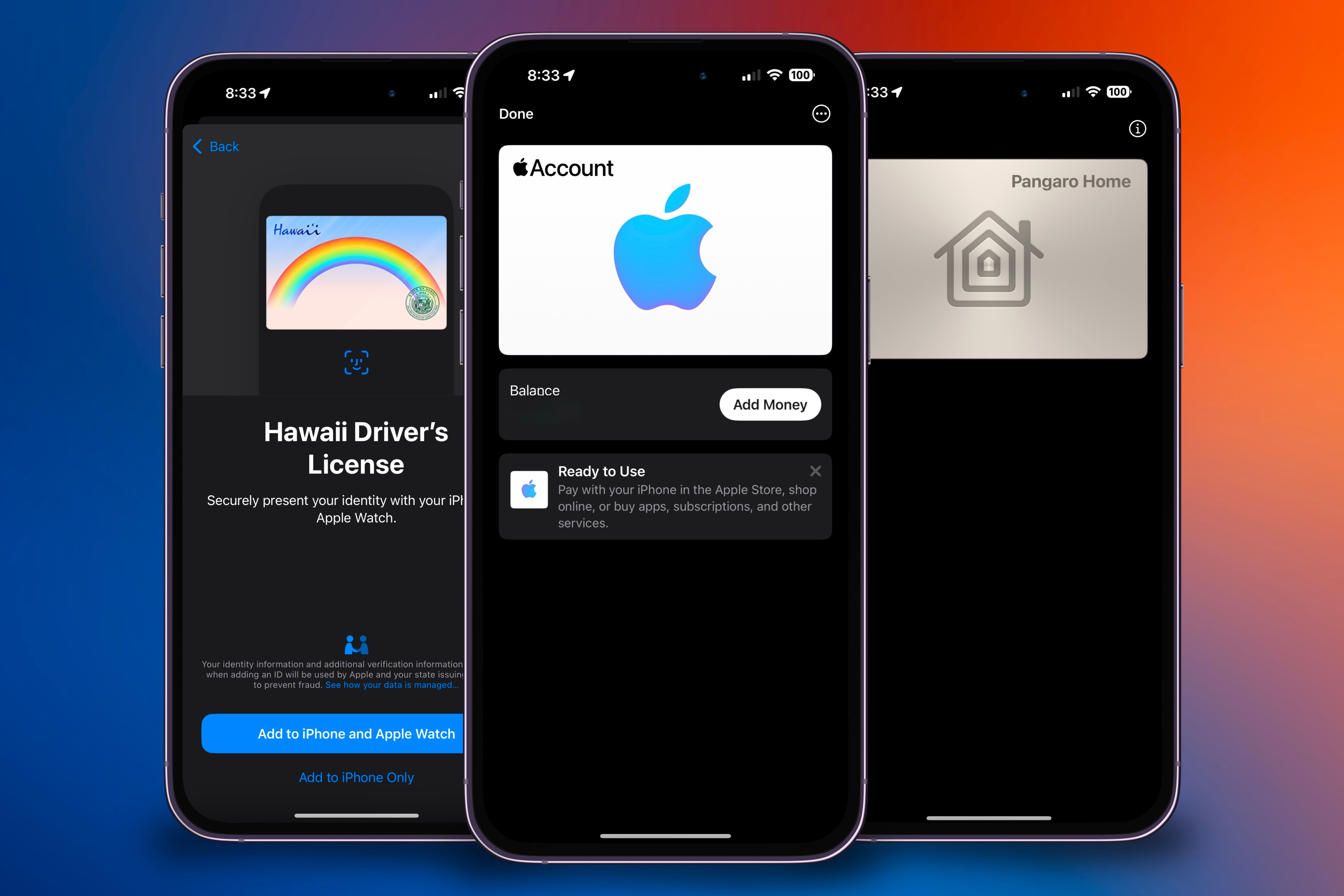 Three iPhones showing supported cards, like driver's licenses and state IDs, Apple Account card, and home keys in front of a colorful background.